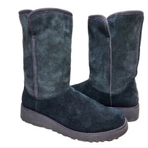 UGG Amie Slim Wedge Genuine Sheepskin Boots Sz 8.5 Black Suede Mid Calf 1013428